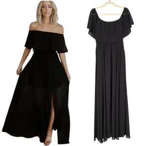 BALTIC BORN Victoria Off Shoulder Maxi Dress Black Flounce Top Women's Medium
